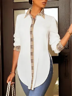 Plaid Split-Joint Long Sleeves Lapel Blouses&shirts Tops