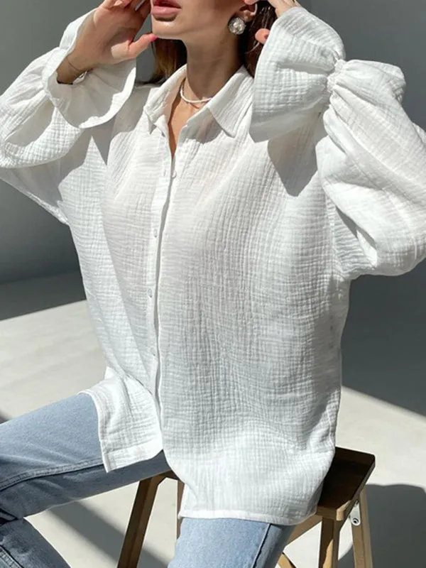 Pleated Solid Color Flared Sleeves Long Sleeves Lapel Blouses