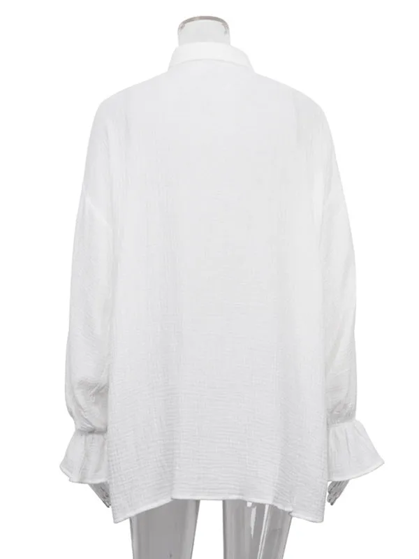 Pleated Solid Color Flared Sleeves Long Sleeves Lapel Blouses