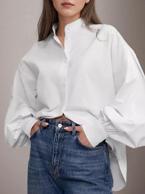 Pleated Solid Color Split-Joint Split-side Loose Puff Sleeves Stand Collar Blouses