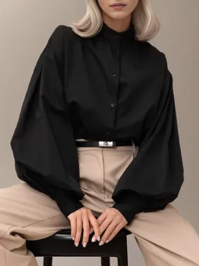 Pleated Solid Color Split-Joint Split-side Loose Puff Sleeves Stand Collar Blouses