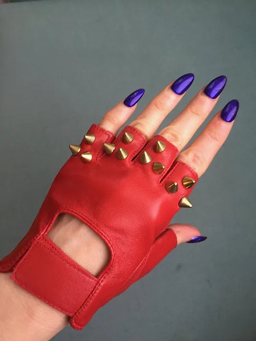 Red Leather Gloves w 3 Gold Spikes