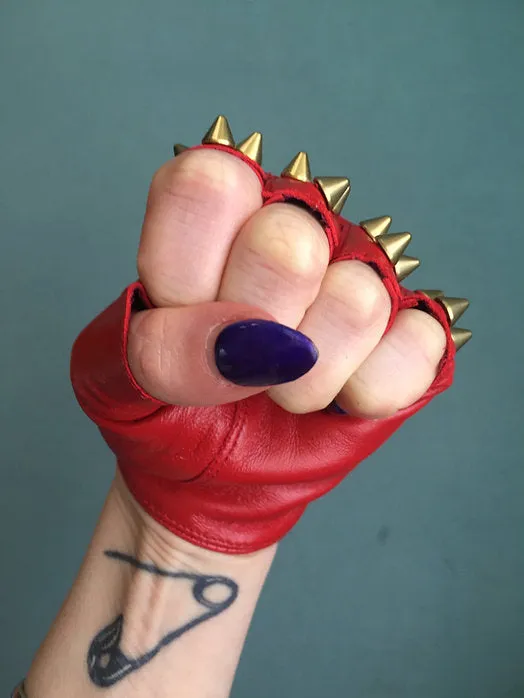 Red Leather Gloves w 3 Gold Spikes