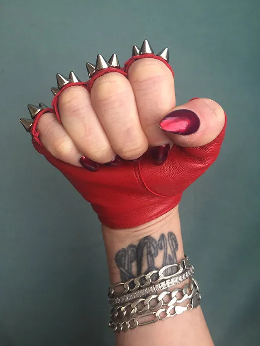 Red Leather Gloves w 3 Silver Spikes