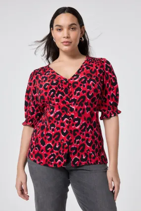 Red with Pink and Black Pop Leopard Button Through Blouse