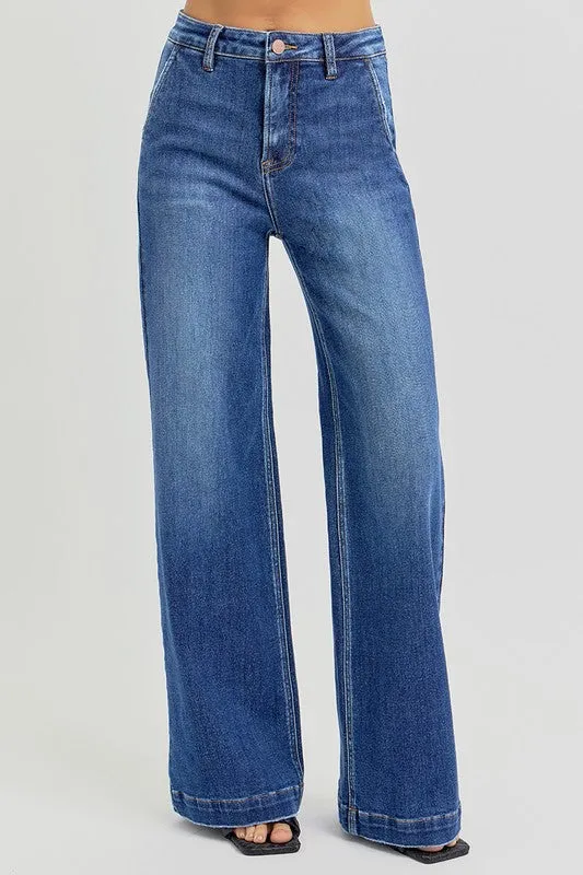 Risen High Rise Slanted Pocket Wide Leg Jeans