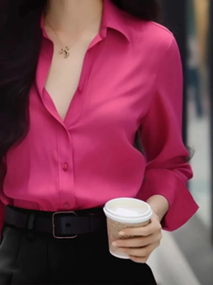 Rose Color Long Sleeve Simple Blouse