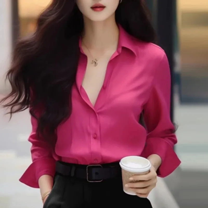 Rose Color Long Sleeve Simple Blouse