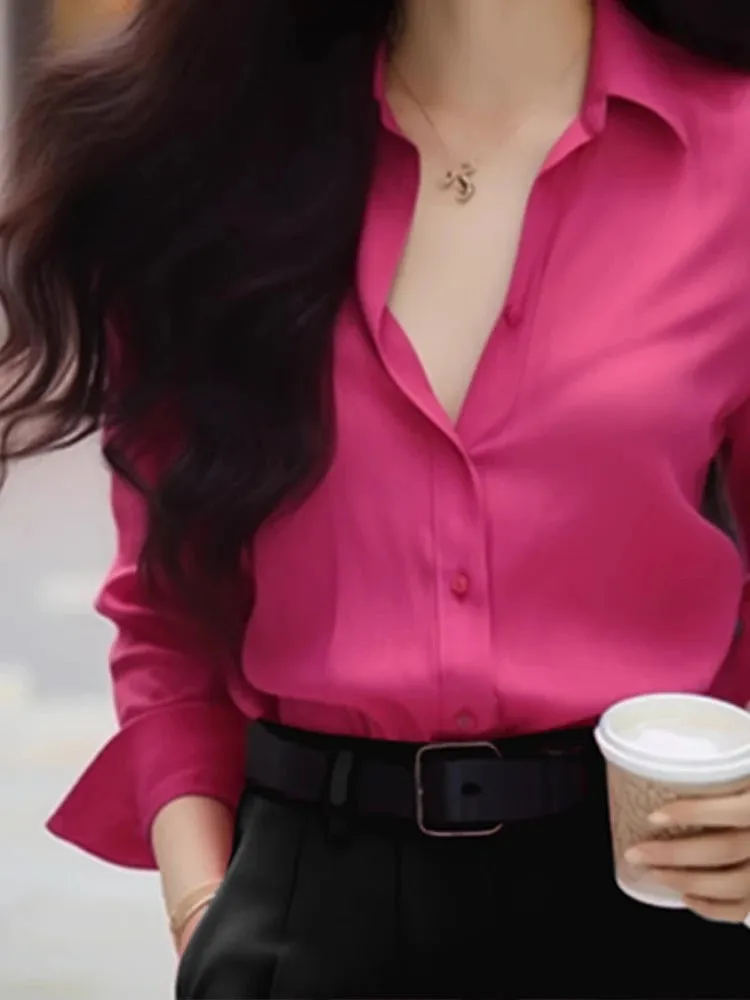 Rose Color Long Sleeve Simple Blouse