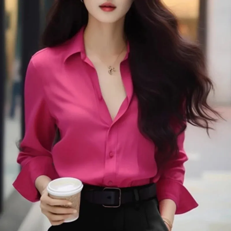 Rose Color Long Sleeve Simple Blouse