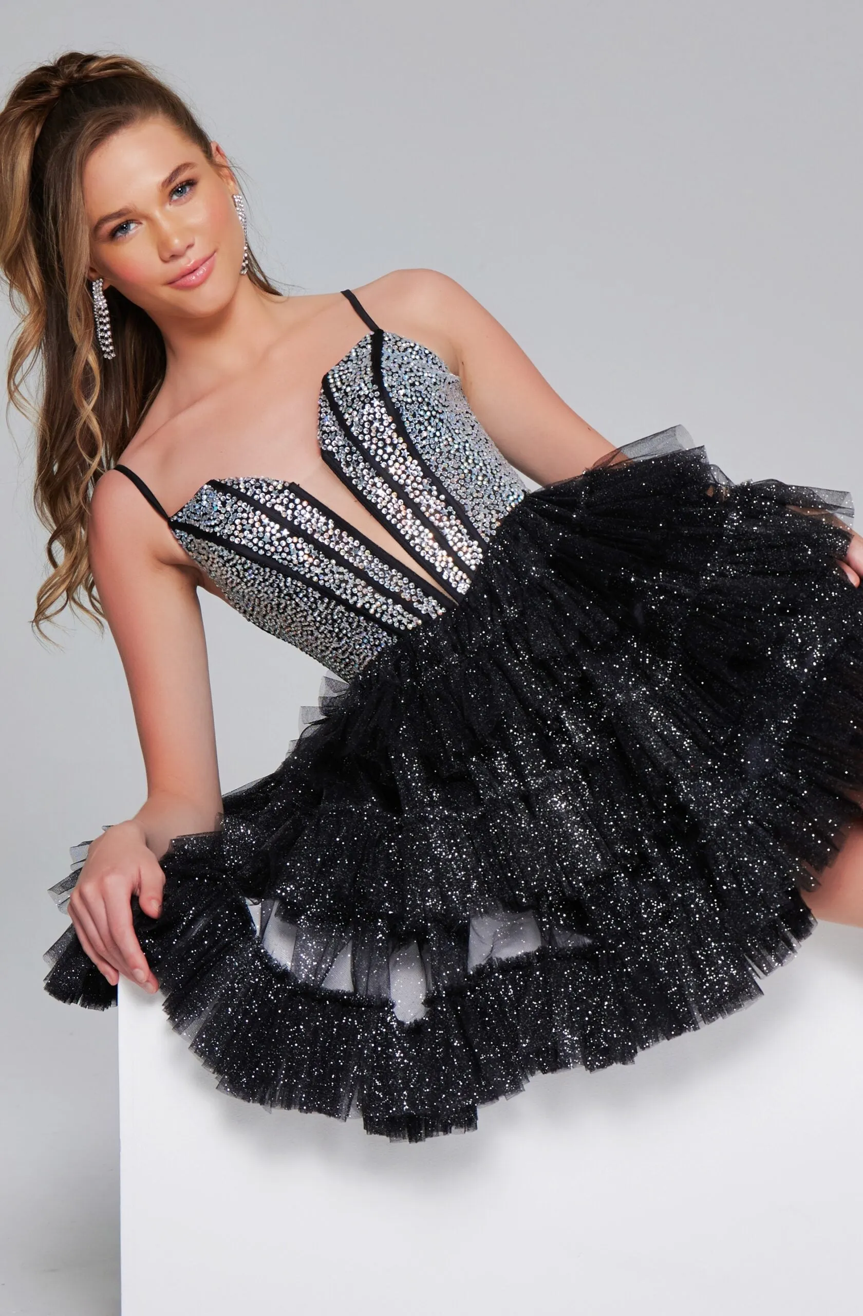 Sequin Short Sleeveless A-line Tiered Dress by Jovani 42457