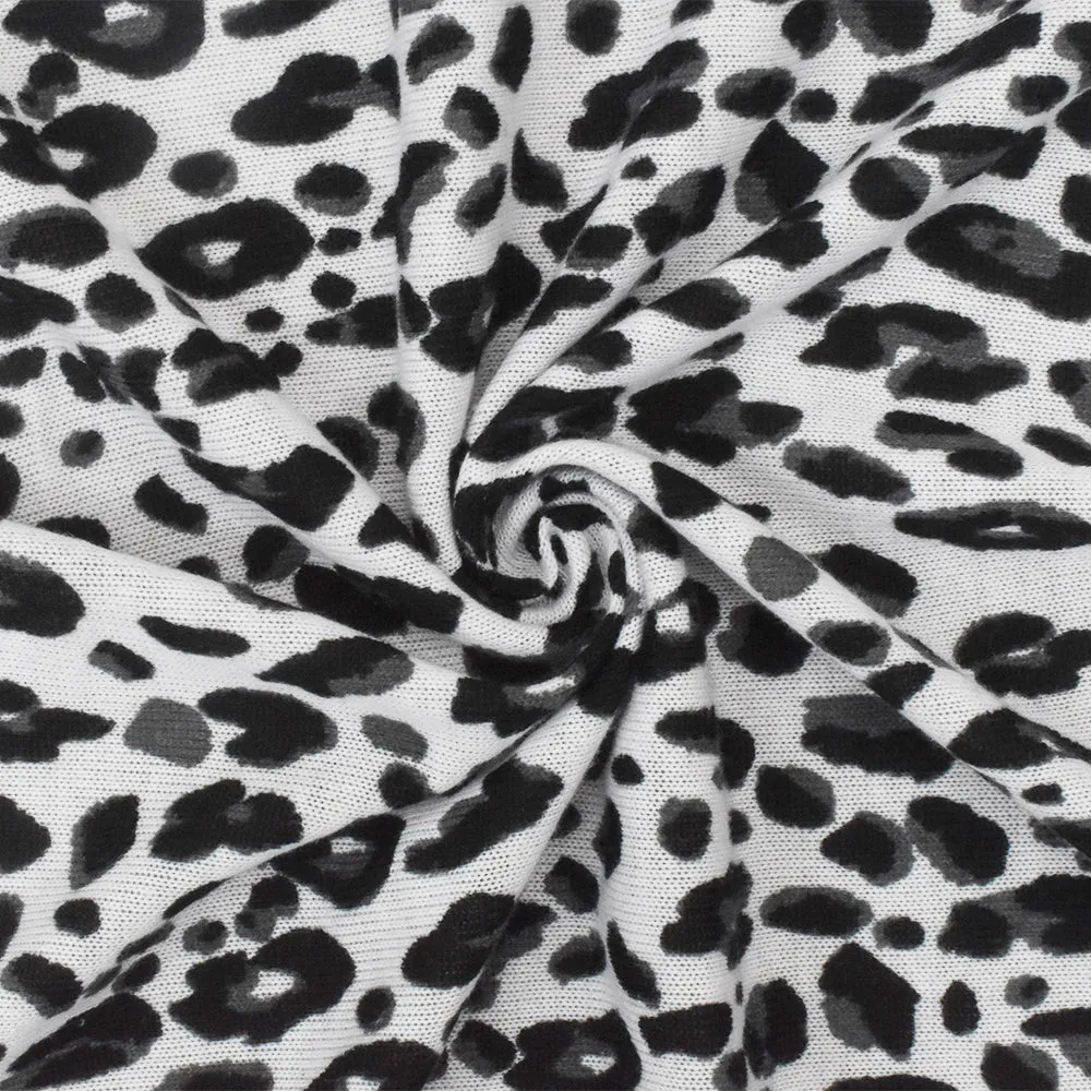 Simple Black-White-Gray Cheetah Printed Stretch Poly Jersey Knit Fabric