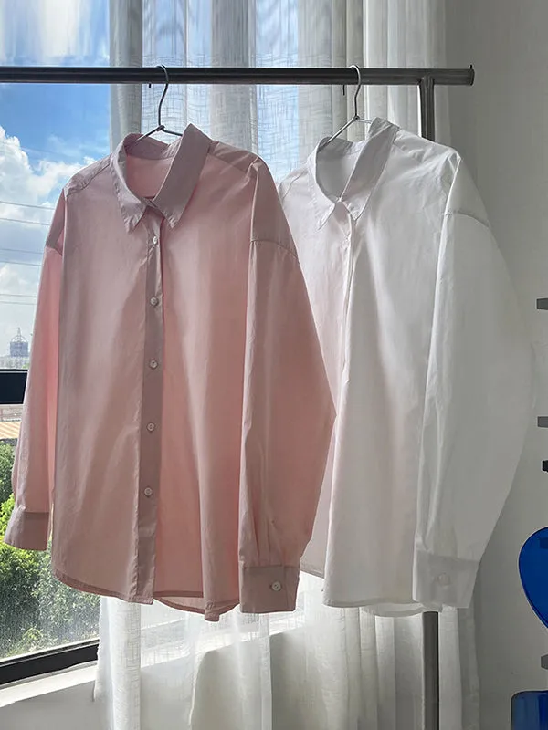 Simple White Pink Solid Color Split-Joint Blouses