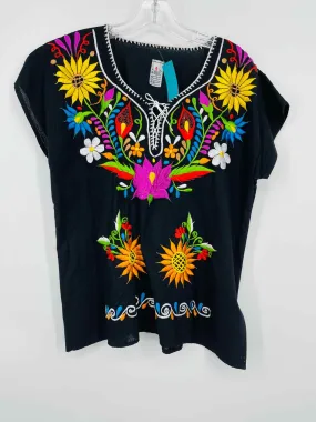 Size L ? Black/Multi Floral Embroidered Tops Top-Short Sleeve