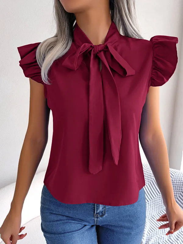 Solid Color Cap Sleeve Round-neck Blouses&shirts Tops