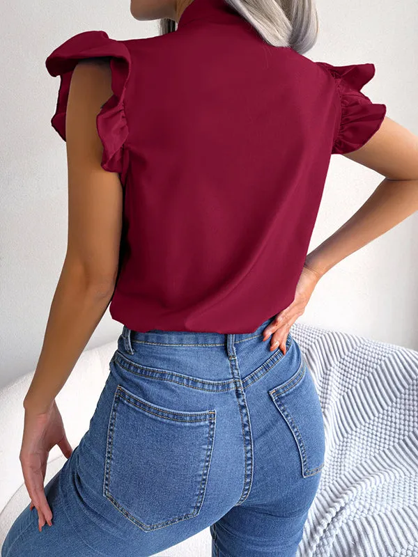 Solid Color Cap Sleeve Round-neck Blouses&shirts Tops