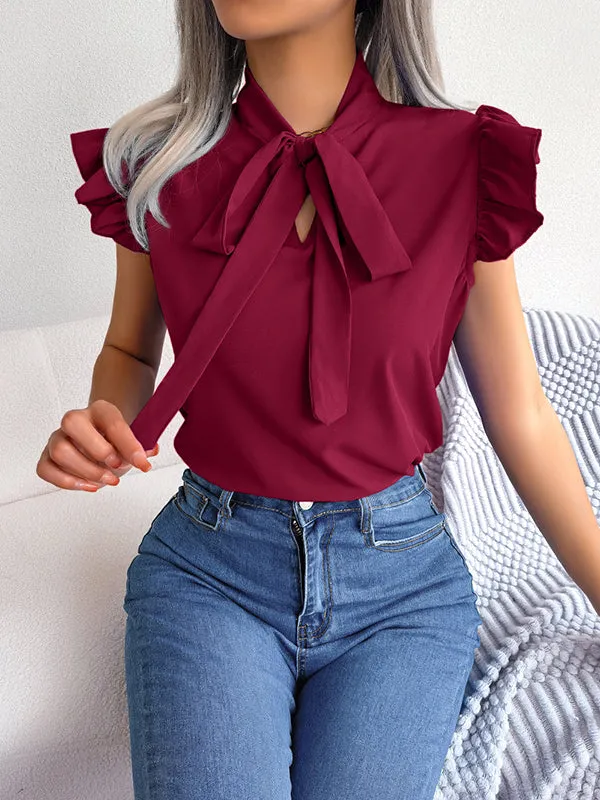 Solid Color Cap Sleeve Round-neck Blouses&shirts Tops