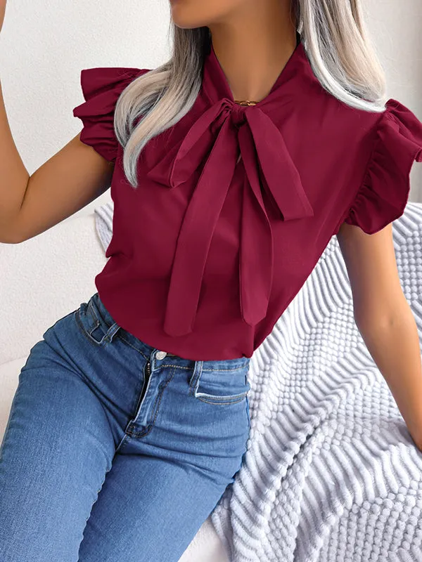 Solid Color Cap Sleeve Round-neck Blouses&shirts Tops