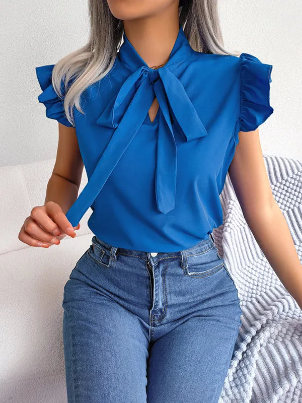 Solid Color Cap Sleeve Round-neck Blouses&shirts Tops