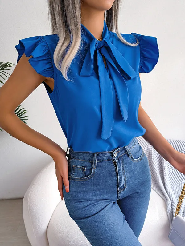 Solid Color Cap Sleeve Round-neck Blouses&shirts Tops