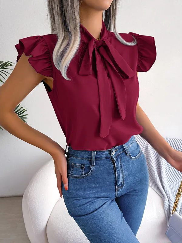 Solid Color Cap Sleeve Round-neck Blouses&shirts Tops