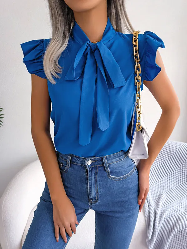 Solid Color Cap Sleeve Round-neck Blouses&shirts Tops