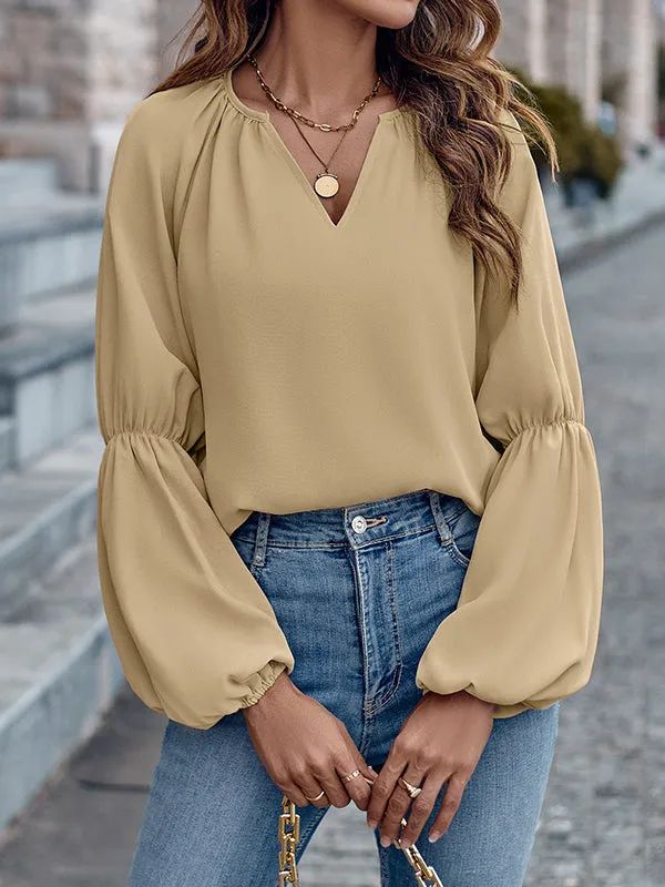 Solid Color Loose V-Neck Blouses&Shirts Tops