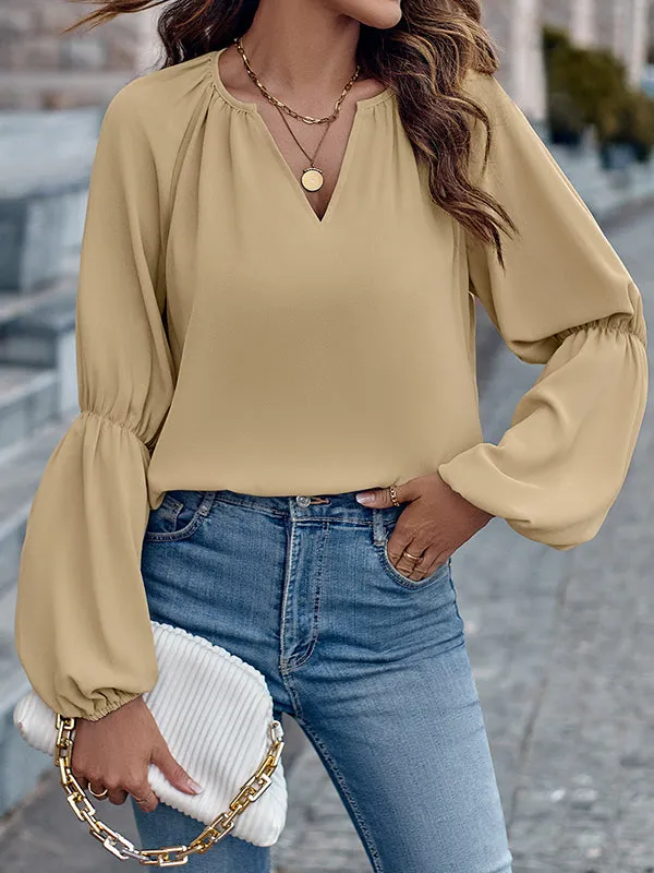 Solid Color Loose V-Neck Blouses&Shirts Tops