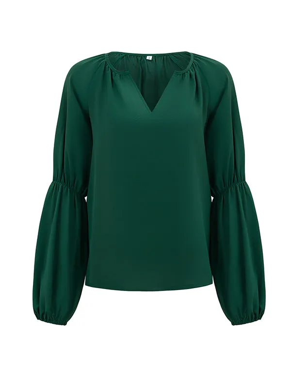 Solid Color Loose V-Neck Blouses&Shirts Tops