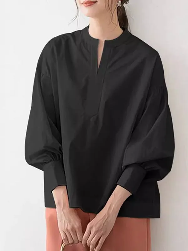 Solid Color Split-Joint Long Sleeves Loose V-Neck Blouses&Shirts Tops