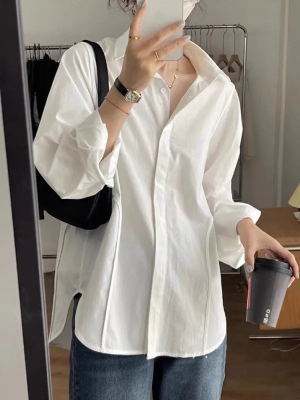 Solid Color Split-side Long Sleeves Loose Lapel Blouses