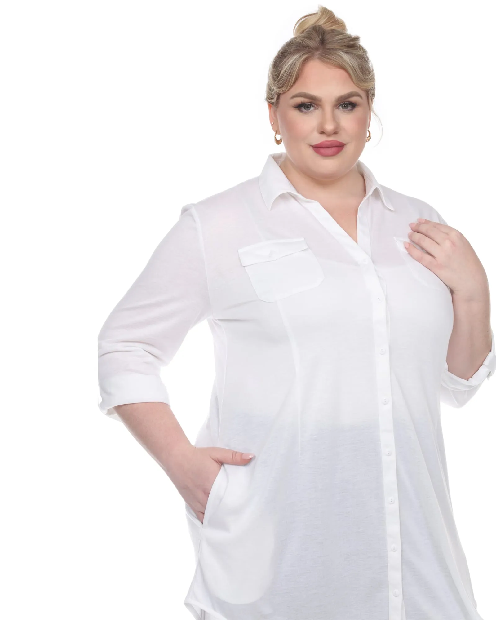 Stretchy Button Down Tunic Top | White