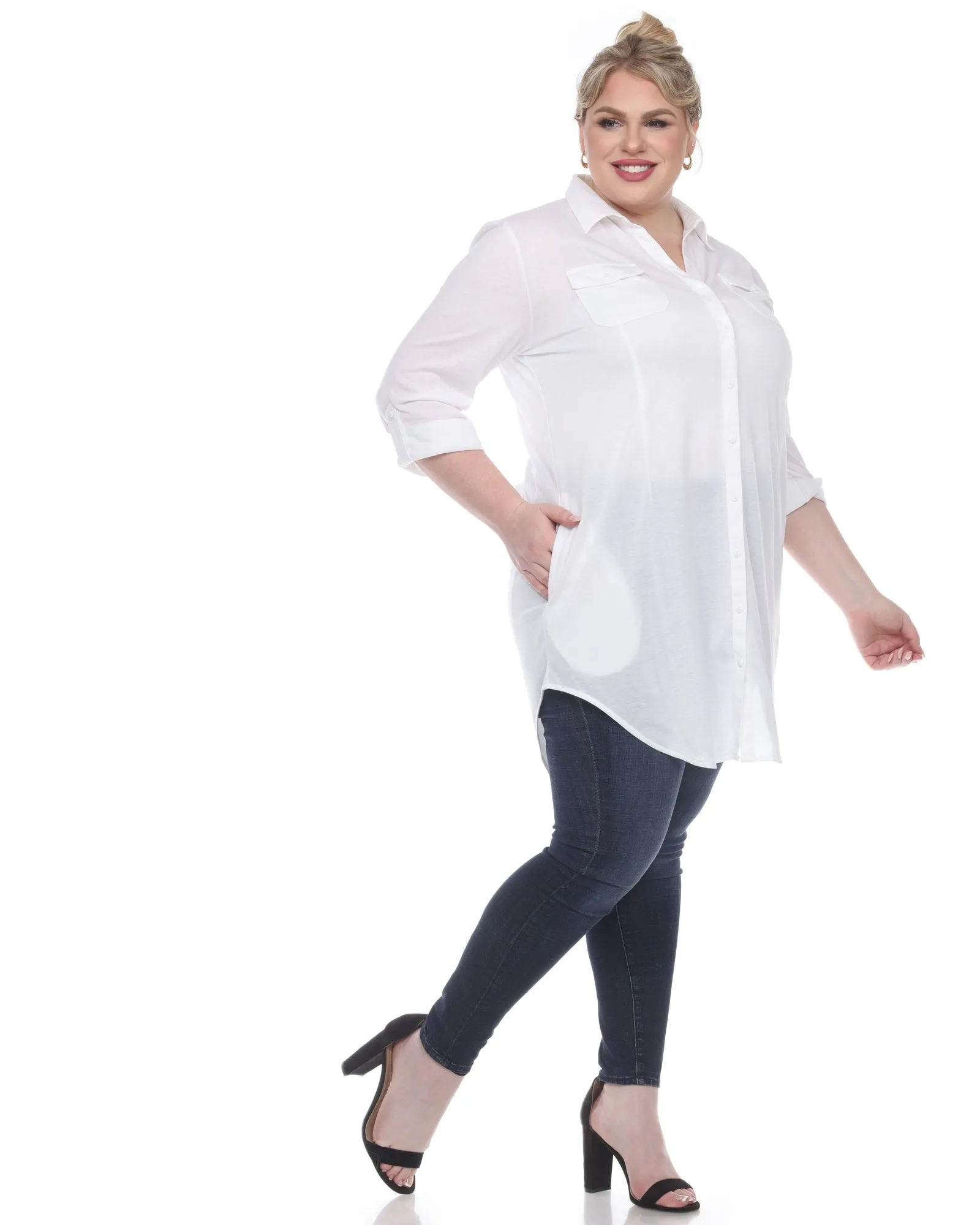 Stretchy Button Down Tunic Top | White