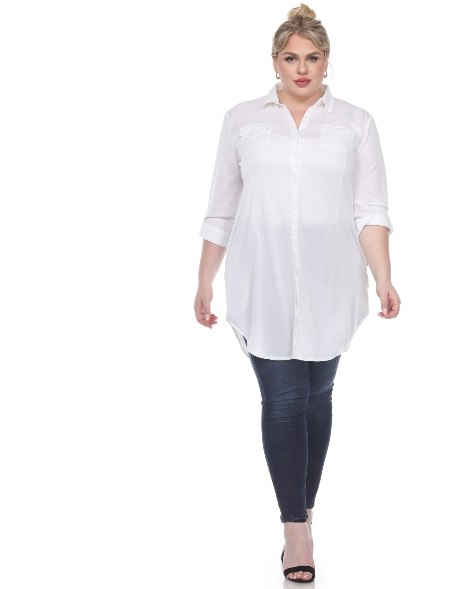 Stretchy Button Down Tunic Top | White