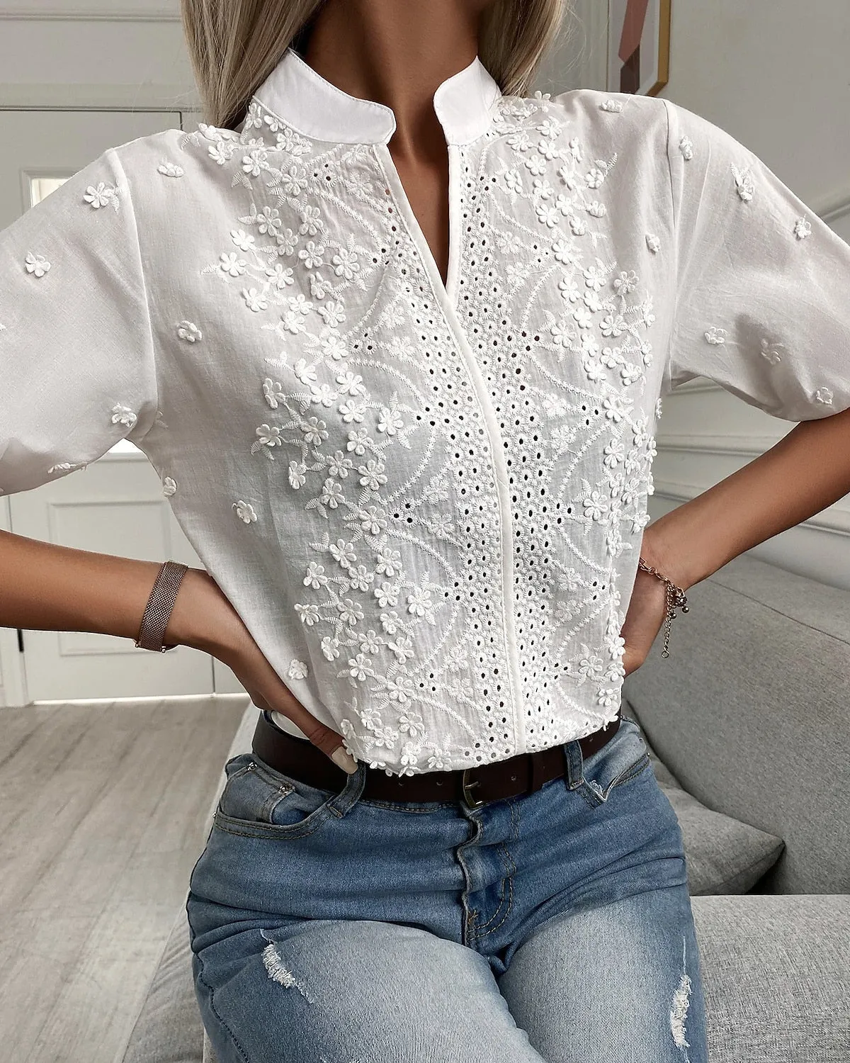 TastyHottie - WHITE EMBROIDERED EYELET BLOUSE