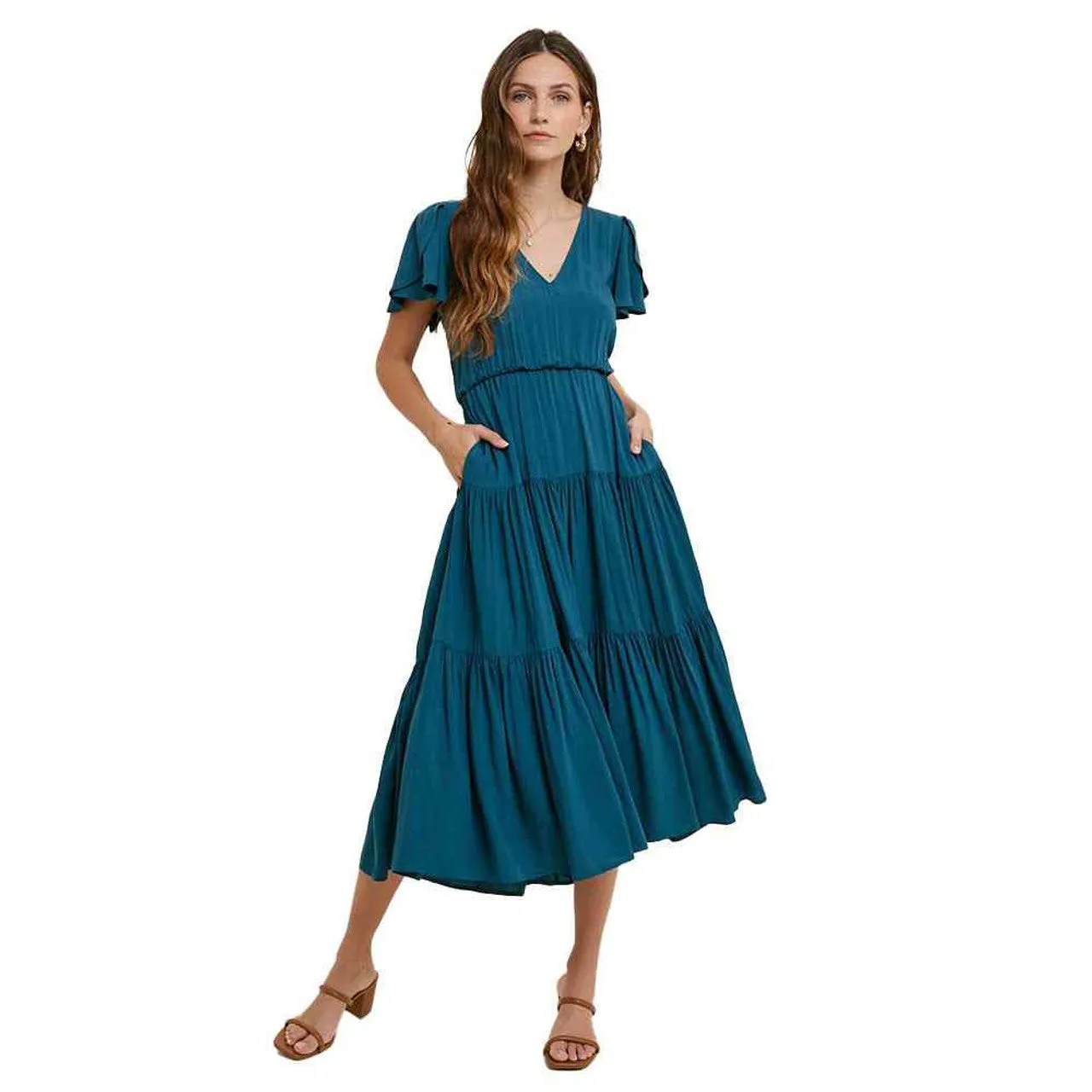 WL Tiered Midi Dress Flutter Slv-Teal