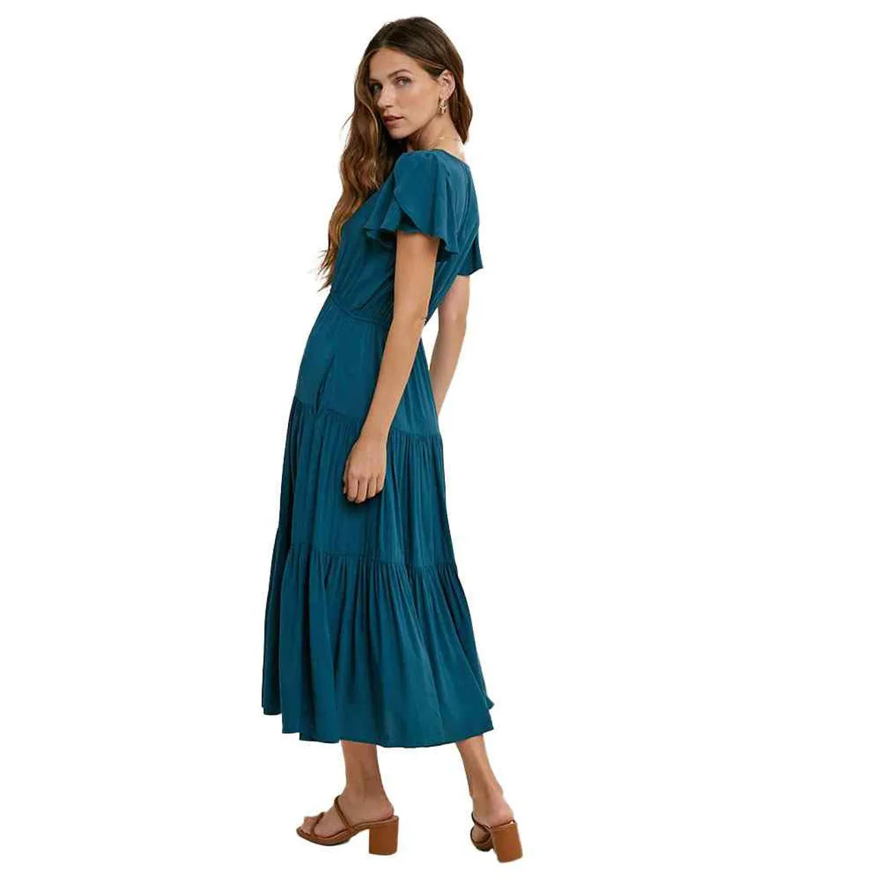 WL Tiered Midi Dress Flutter Slv-Teal