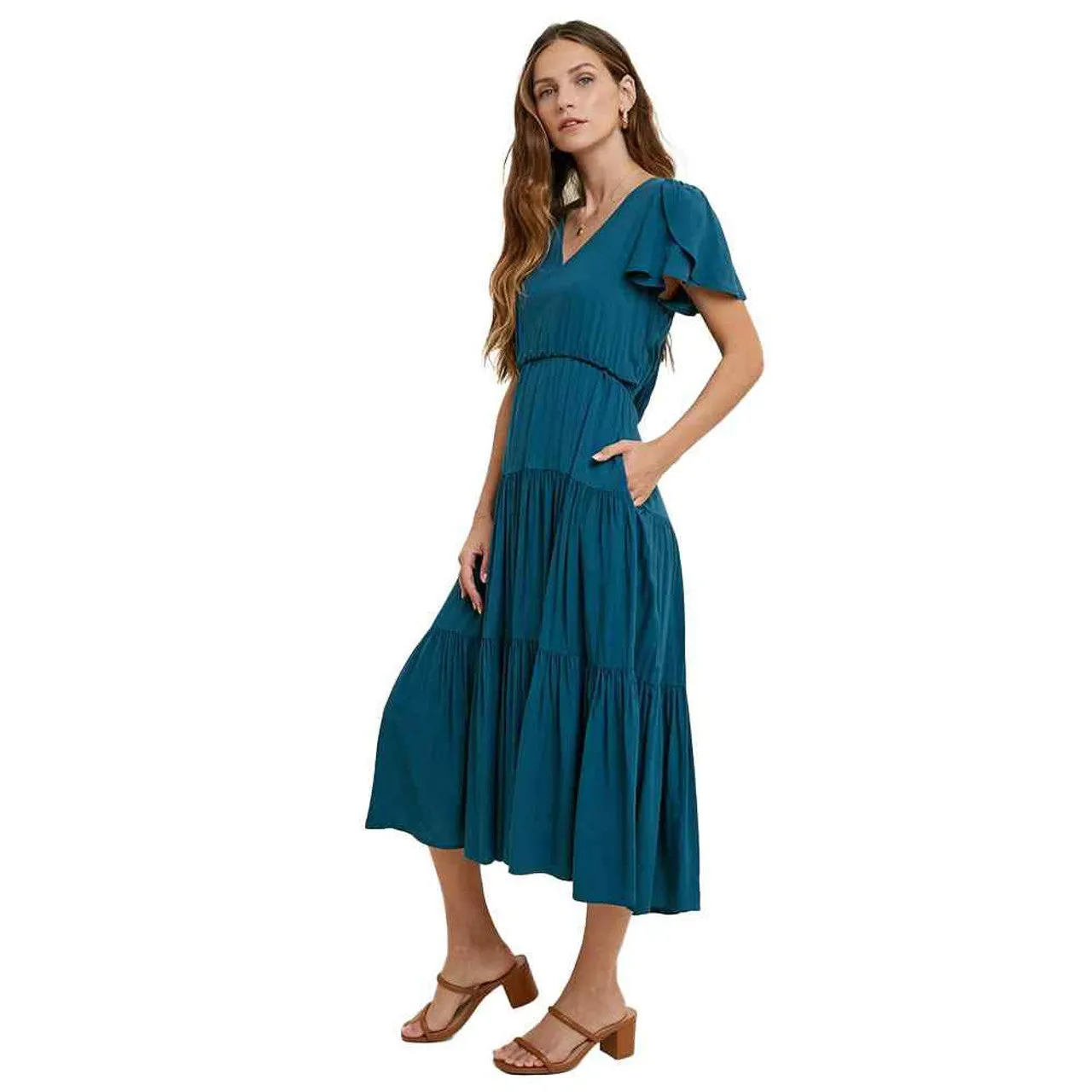 WL Tiered Midi Dress Flutter Slv-Teal