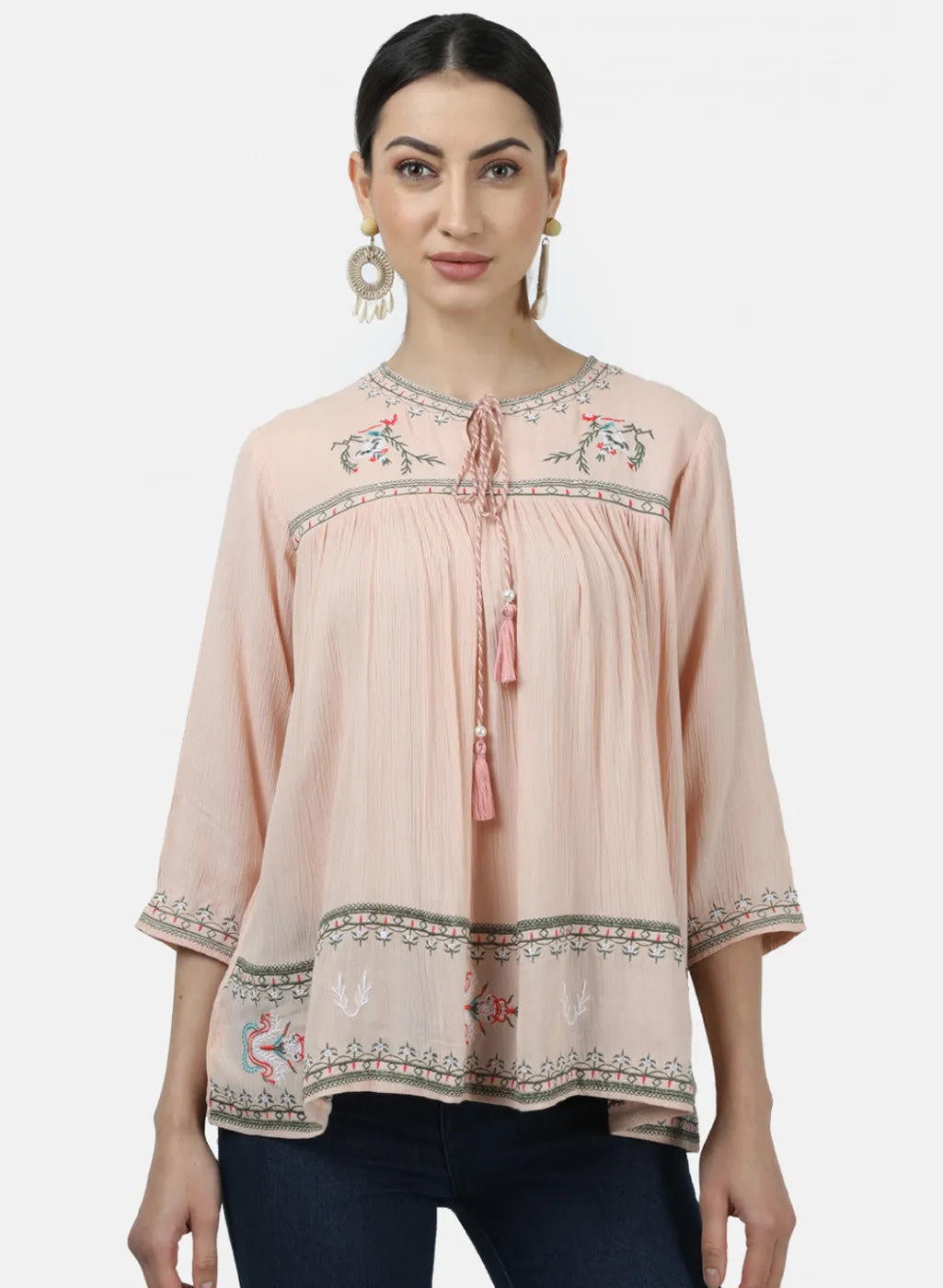 Womens Peach Embroidered Tops