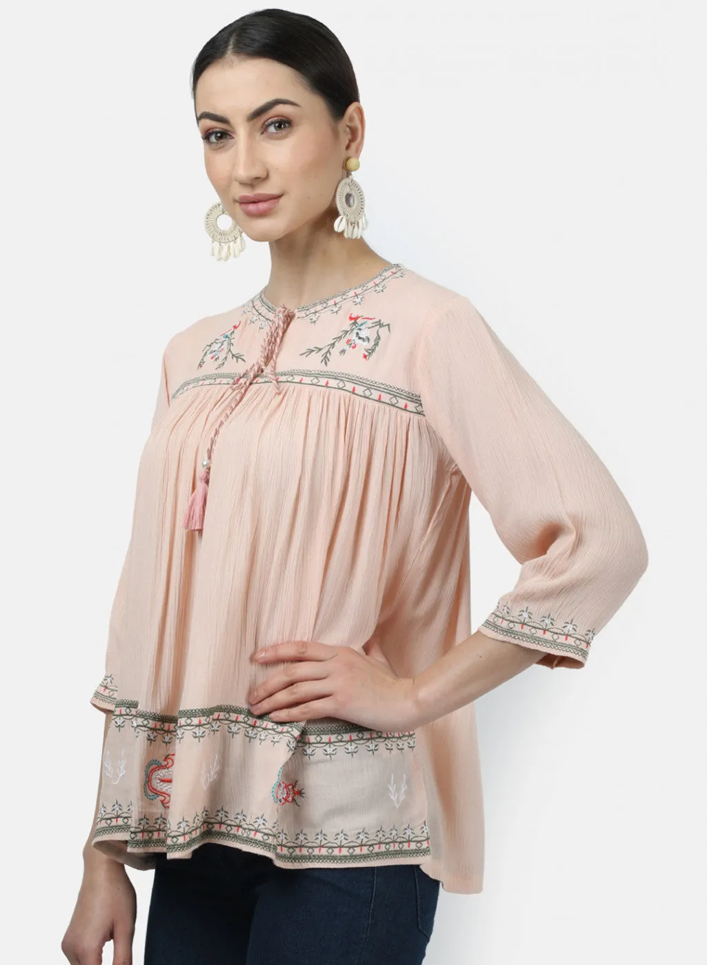 Womens Peach Embroidered Tops