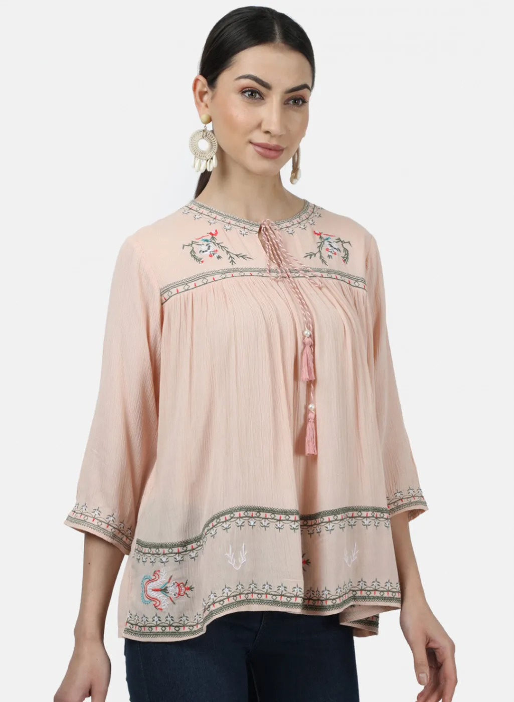 Womens Peach Embroidered Tops