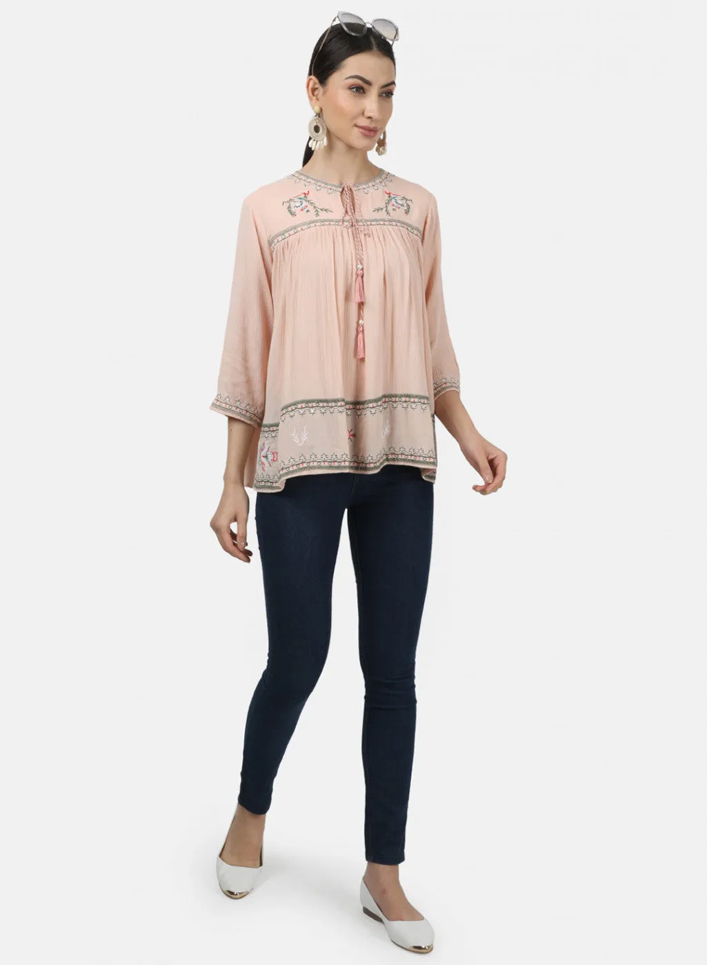 Womens Peach Embroidered Tops