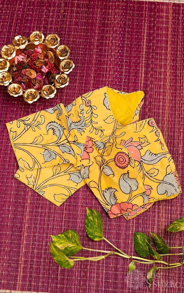 Yellow pen kalamkari hand painted silk blouse with kantha embroidery