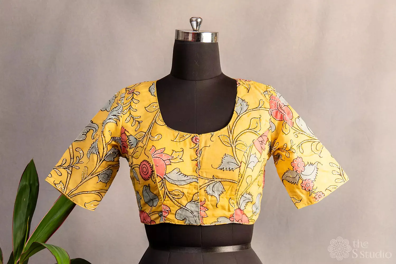 Yellow pen kalamkari hand painted silk blouse with kantha embroidery